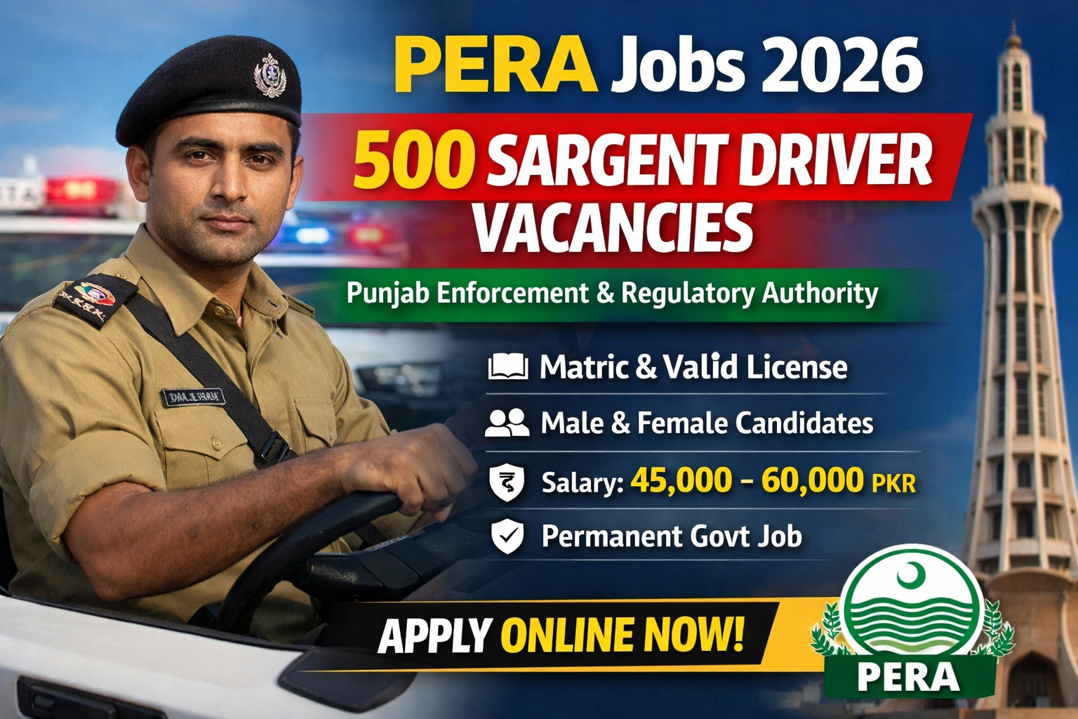 PERA Jobs 2026 – 500 Sargent Driver Vacancies Announced | Apply Online for Punjab Enforcement & Regulatory Authority